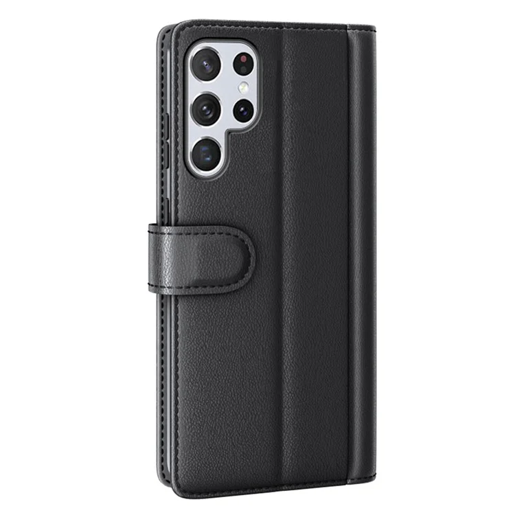 Overall Wrapped Genuine Split Leather Phone Case Stand TPU Wallet Flip Cover for Samsung Galaxy S22 Ultra 5G - Black-Cellmalls