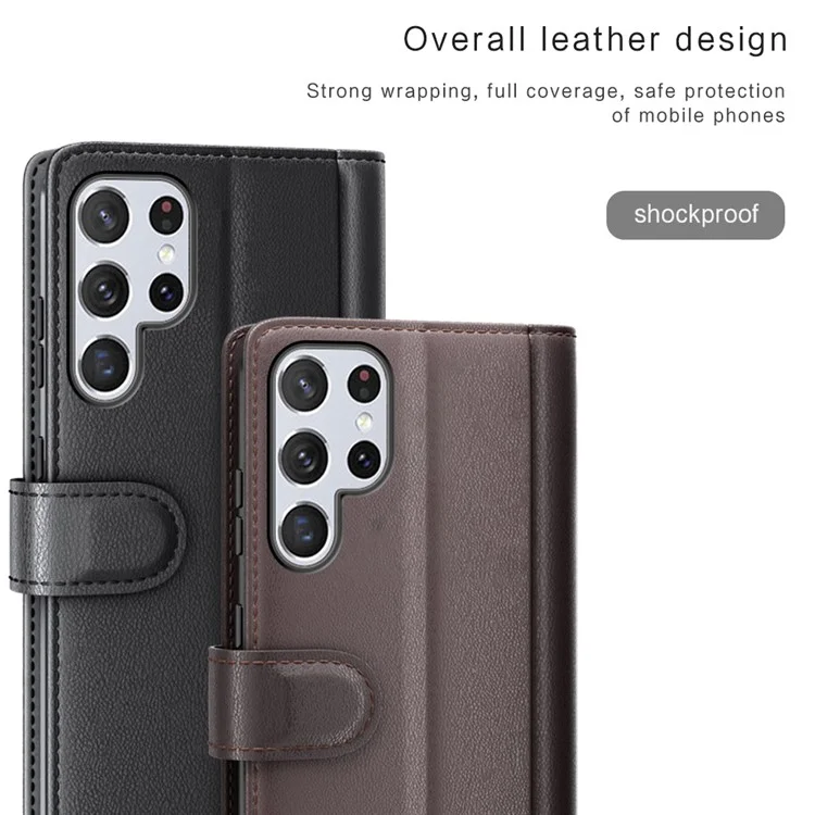 Overall Wrapped Genuine Split Leather Phone Case Stand TPU Wallet Flip Cover for Samsung Galaxy S22 Ultra 5G - Black-Cellmalls