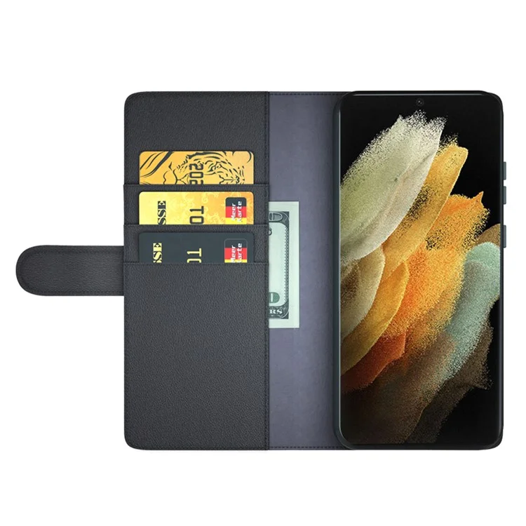 Overall Wrapped Genuine Split Leather Phone Case Stand TPU Wallet Flip Cover for Samsung Galaxy S22 Ultra 5G - Black-Cellmalls
