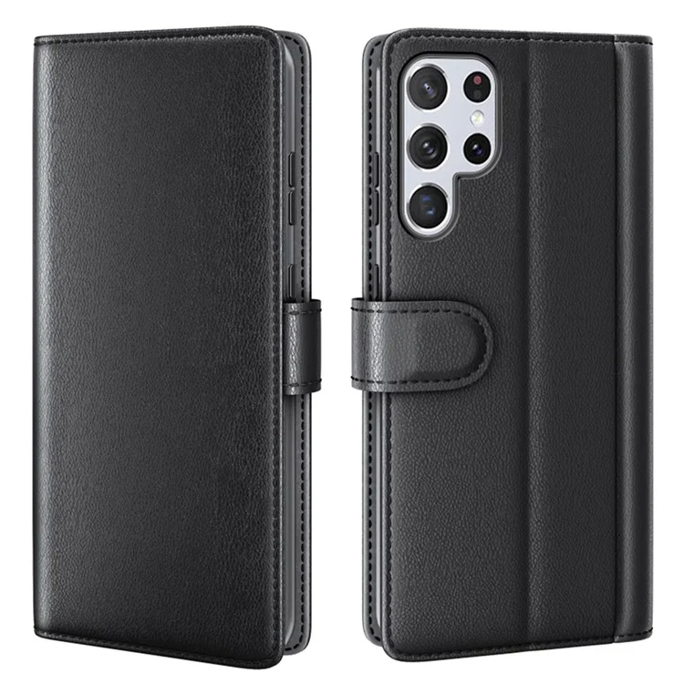 Overall Wrapped Genuine Split Leather Phone Case Stand TPU Wallet Flip Cover for Samsung Galaxy S22 Ultra 5G - Black-Cellmalls