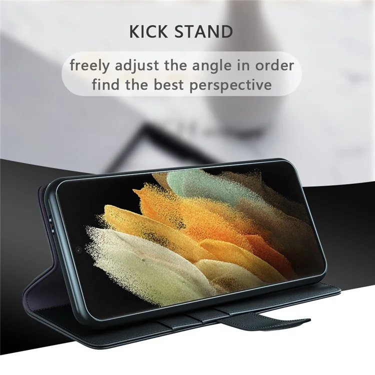 Overall Wrapped Genuine Split Leather Phone Case Stand TPU Wallet Flip Cover for Samsung Galaxy S22 Ultra 5G - Black-Cellmalls