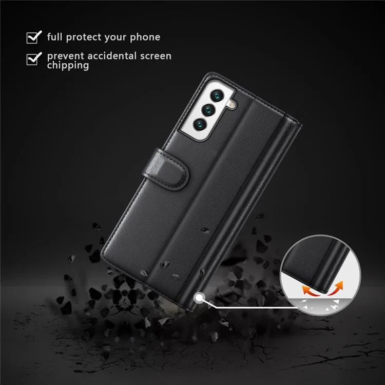 Fall Prevention Magnetic Closure Genuine Split Leather Phone Case Stand TPU Wallet Flip Cover for Samsung Galaxy S22+ 5G - Black-Cellmalls