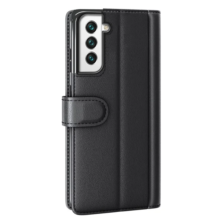 Fall Prevention Magnetic Closure Genuine Split Leather Phone Case Stand TPU Wallet Flip Cover for Samsung Galaxy S22+ 5G - Black-Cellmalls