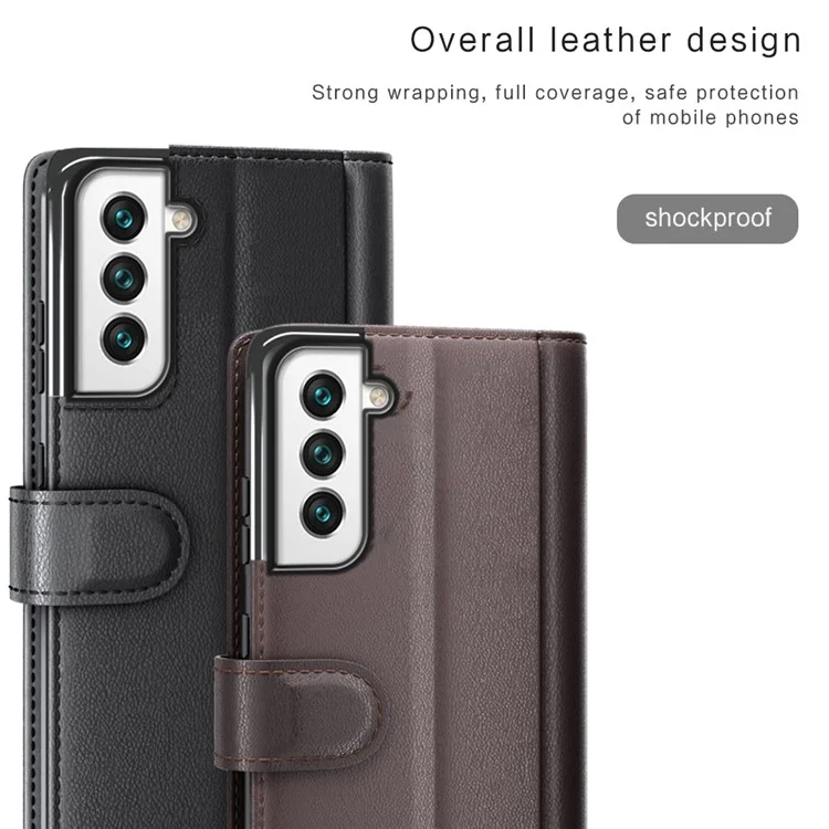 Fall Prevention Magnetic Closure Genuine Split Leather Phone Case Stand TPU Wallet Flip Cover for Samsung Galaxy S22+ 5G - Black-Cellmalls
