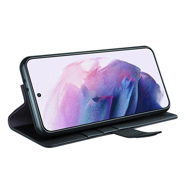 Magnetic Closure Genuine Split Leather Phone Case Stand TPU Wallet Flip Cover for Samsung Galaxy S22 5G - Black-Cellmalls