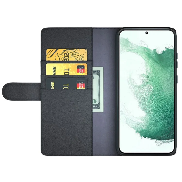 For Samsung Galaxy S23 Case Genuine Split Leather Phone Cover with Wallet Stand - Black-Cellmalls