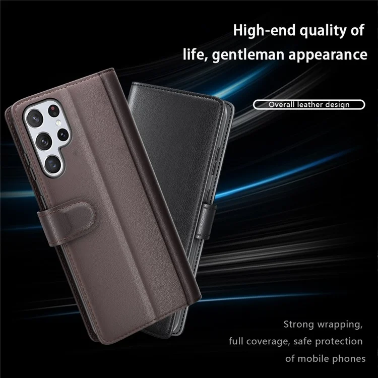 Overall Wrapped Genuine Split Leather Phone Case Stand TPU Wallet Flip Cover for Samsung Galaxy S22 Ultra 5G - Black-Cellmalls