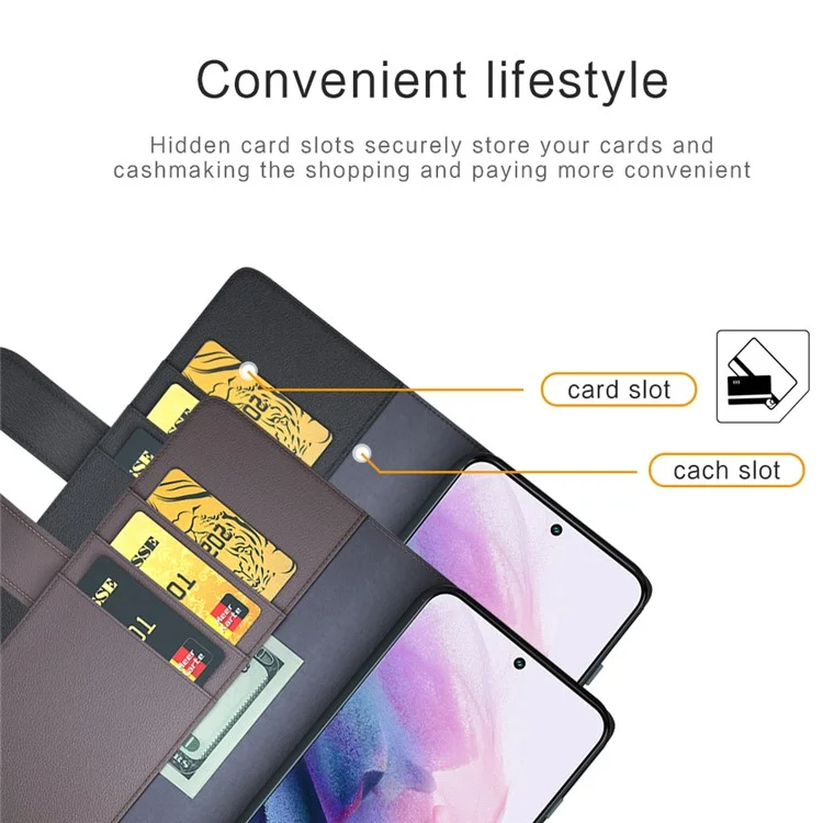 Magnetic Closure Genuine Split Leather Phone Case Stand TPU Wallet Flip Cover for Samsung Galaxy S22 5G - Black-Cellmalls