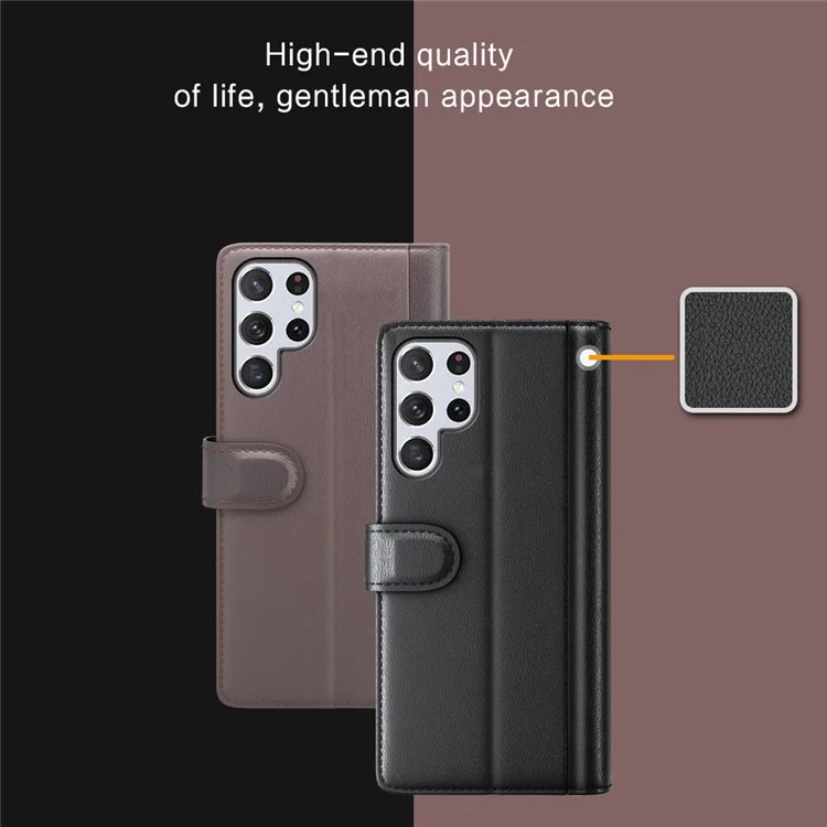 Overall Wrapped Genuine Split Leather Phone Case Stand TPU Wallet Flip Cover for Samsung Galaxy S22 Ultra 5G - Black-Cellmalls