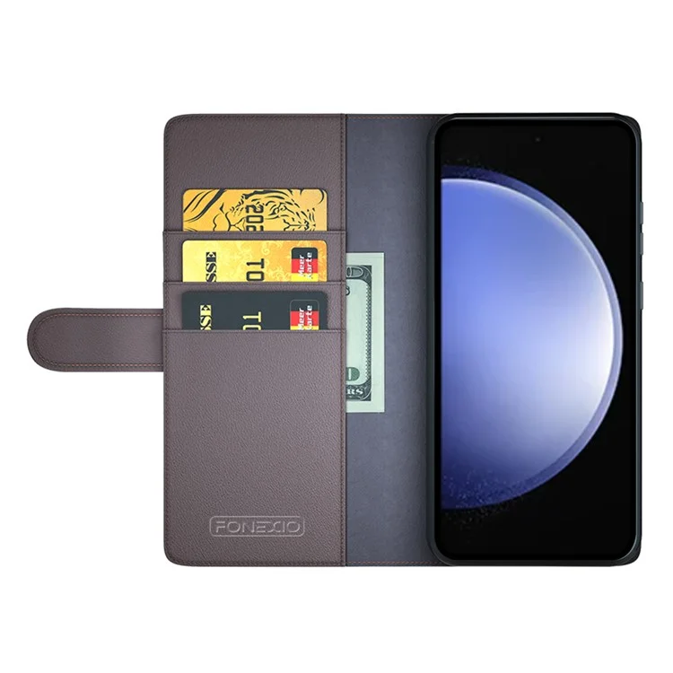 For Samsung Galaxy S23 FE Case Genuine Split Leather Phone Cover with Wallet Stand - Brown-Cellmalls