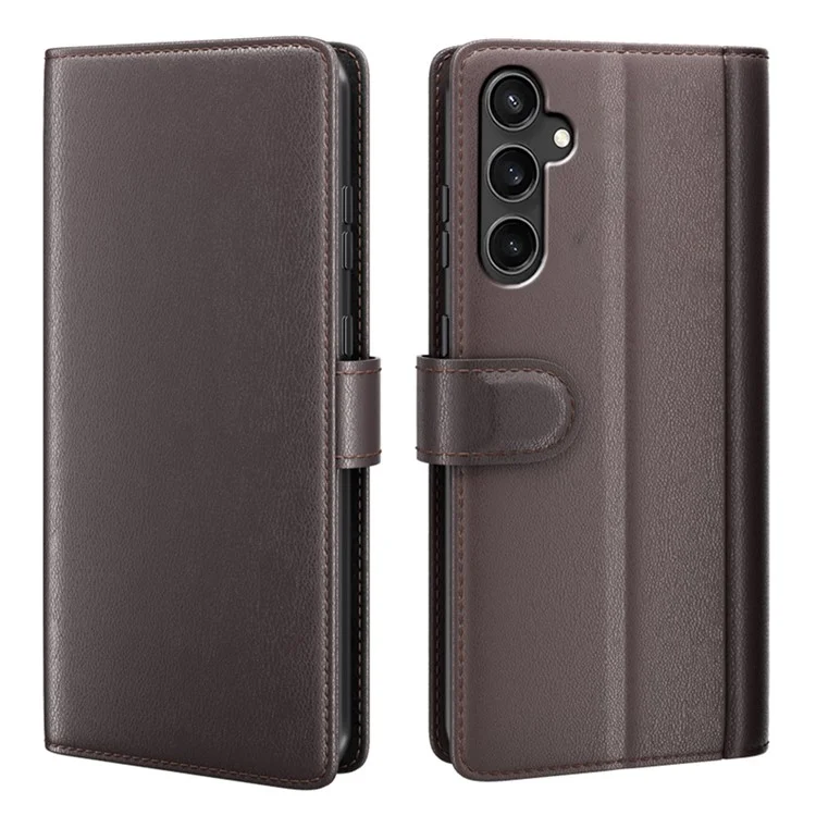 For Samsung Galaxy S23 FE Case Genuine Split Leather Phone Cover with Wallet Stand - Brown-Cellmalls
