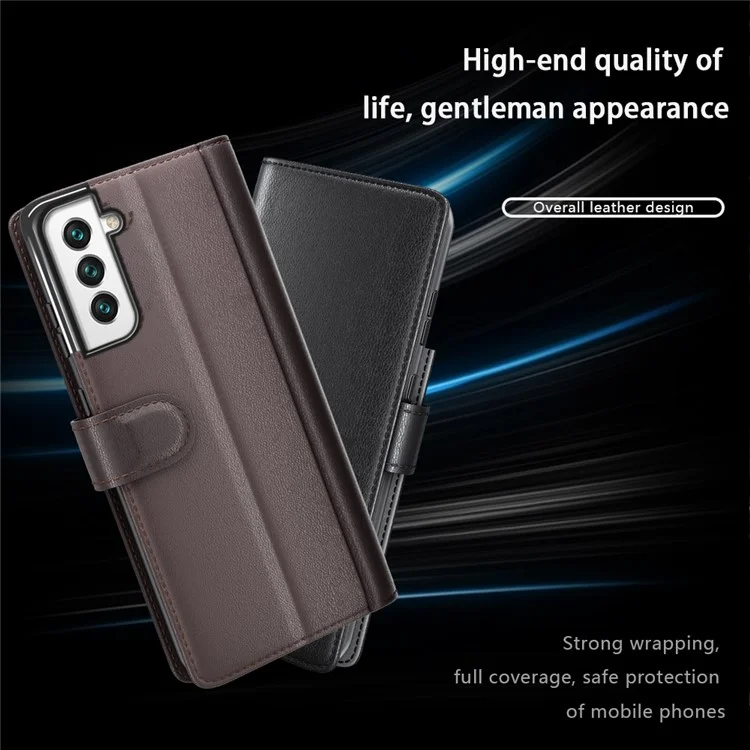 Fall Prevention Magnetic Closure Genuine Split Leather Phone Case Stand TPU Wallet Flip Cover for Samsung Galaxy S22+ 5G - Black-Cellmalls
