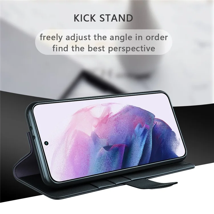 Fall Prevention Magnetic Closure Genuine Split Leather Phone Case Stand TPU Wallet Flip Cover for Samsung Galaxy S22+ 5G - Black-Cellmalls