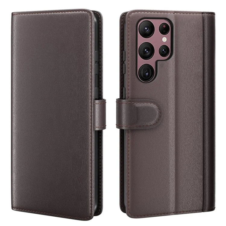 For Samsung Galaxy S23 Ultra Case Genuine Split Leather Phone Cover with Wallet Stand - Brown-Cellmalls