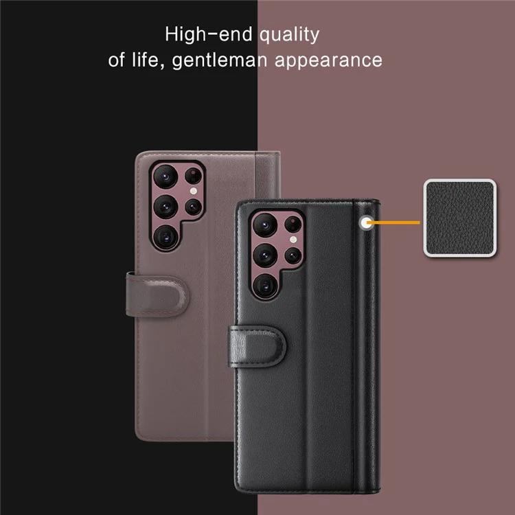 For Samsung Galaxy S23 Ultra Case Genuine Split Leather Phone Cover with Wallet Stand - Brown-Cellmalls