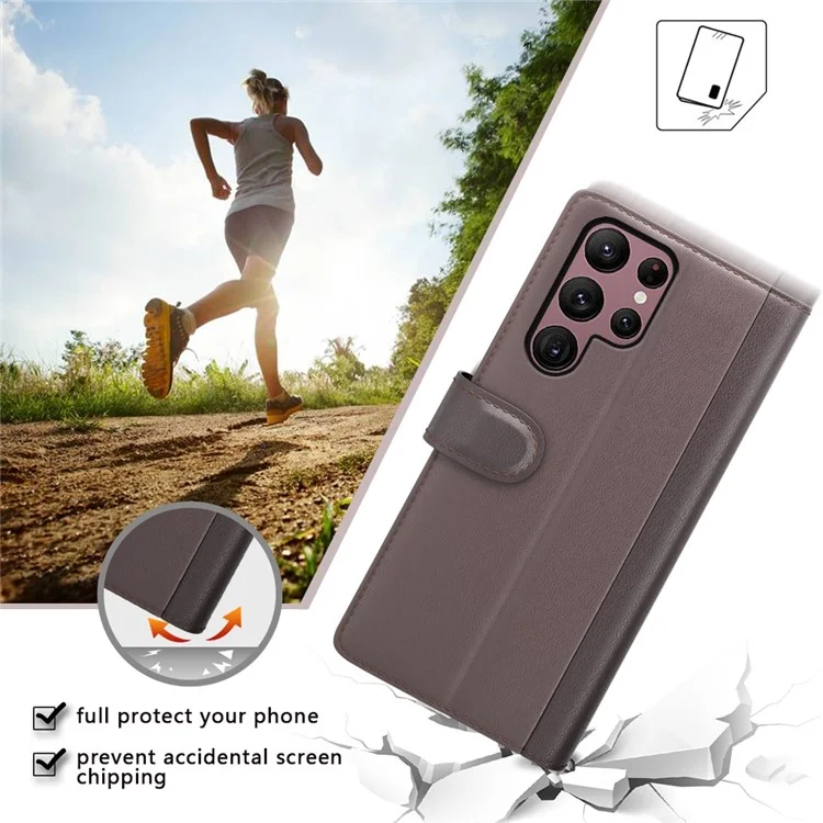 For Samsung Galaxy S23 Ultra Case Genuine Split Leather Phone Cover with Wallet Stand - Brown-Cellmalls