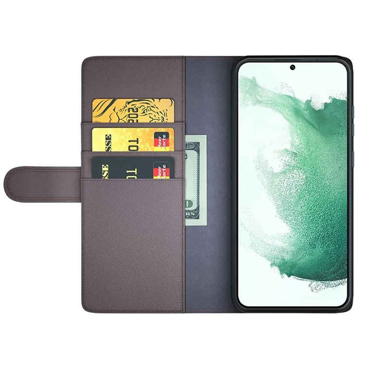 For Samsung Galaxy S23+ Case Genuine Split Leather Phone Cover with Wallet Stand - Brown-Cellmalls