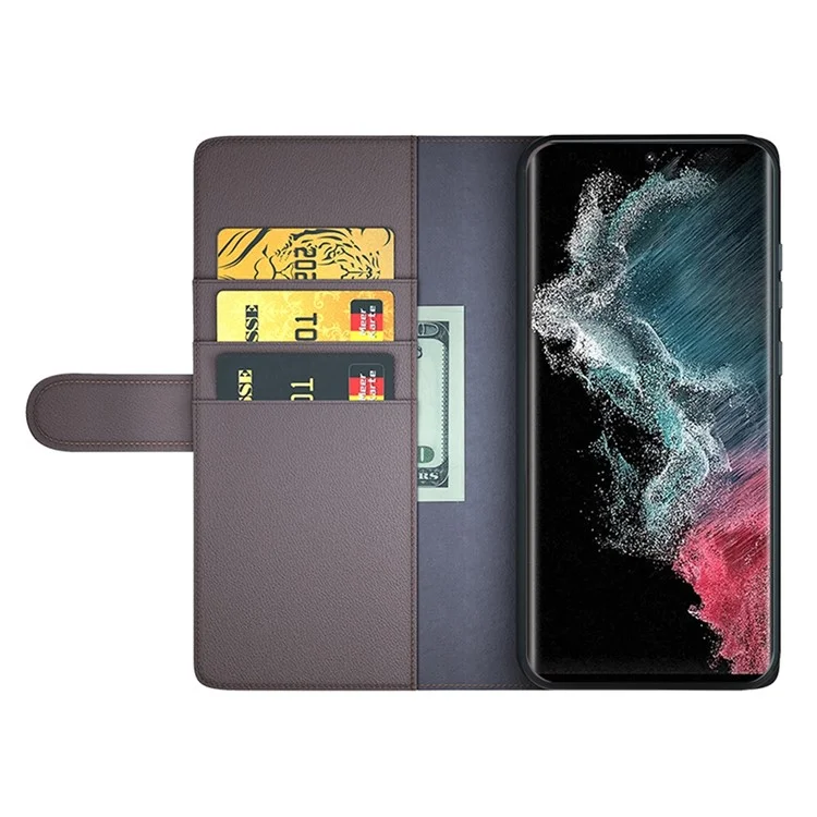 For Samsung Galaxy S23 Ultra Case Genuine Split Leather Phone Cover with Wallet Stand - Brown-Cellmalls