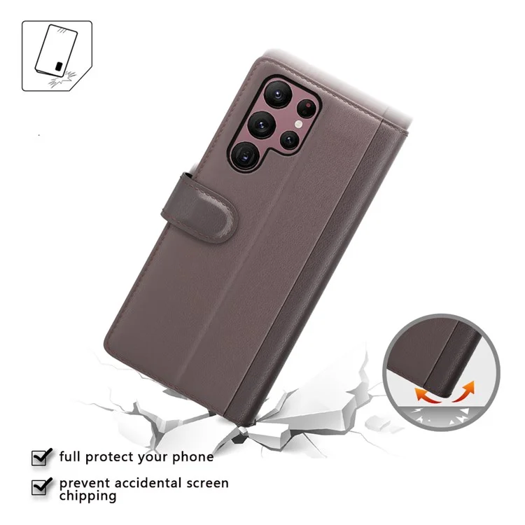 For Samsung Galaxy S23 Ultra Case Genuine Split Leather Phone Cover with Wallet Stand - Brown-Cellmalls