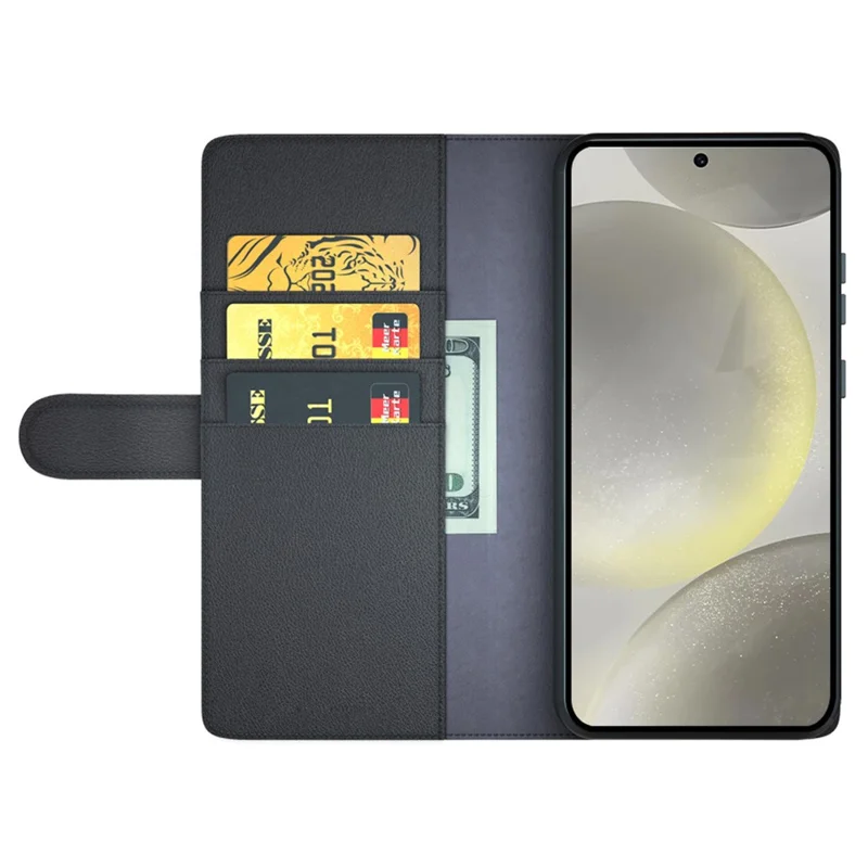 For Samsung Galaxy S24 FE Case Genuine Split Leather Phone Cover with Wallet Stand - Black-Cellmalls