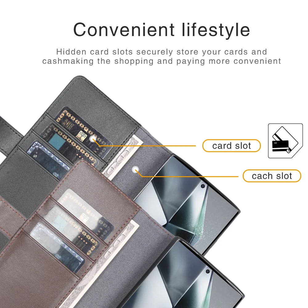 For Samsung Galaxy S24 Ultra Case Genuine Split Leather Phone Cover with Wallet Stand - Black-Cellmalls