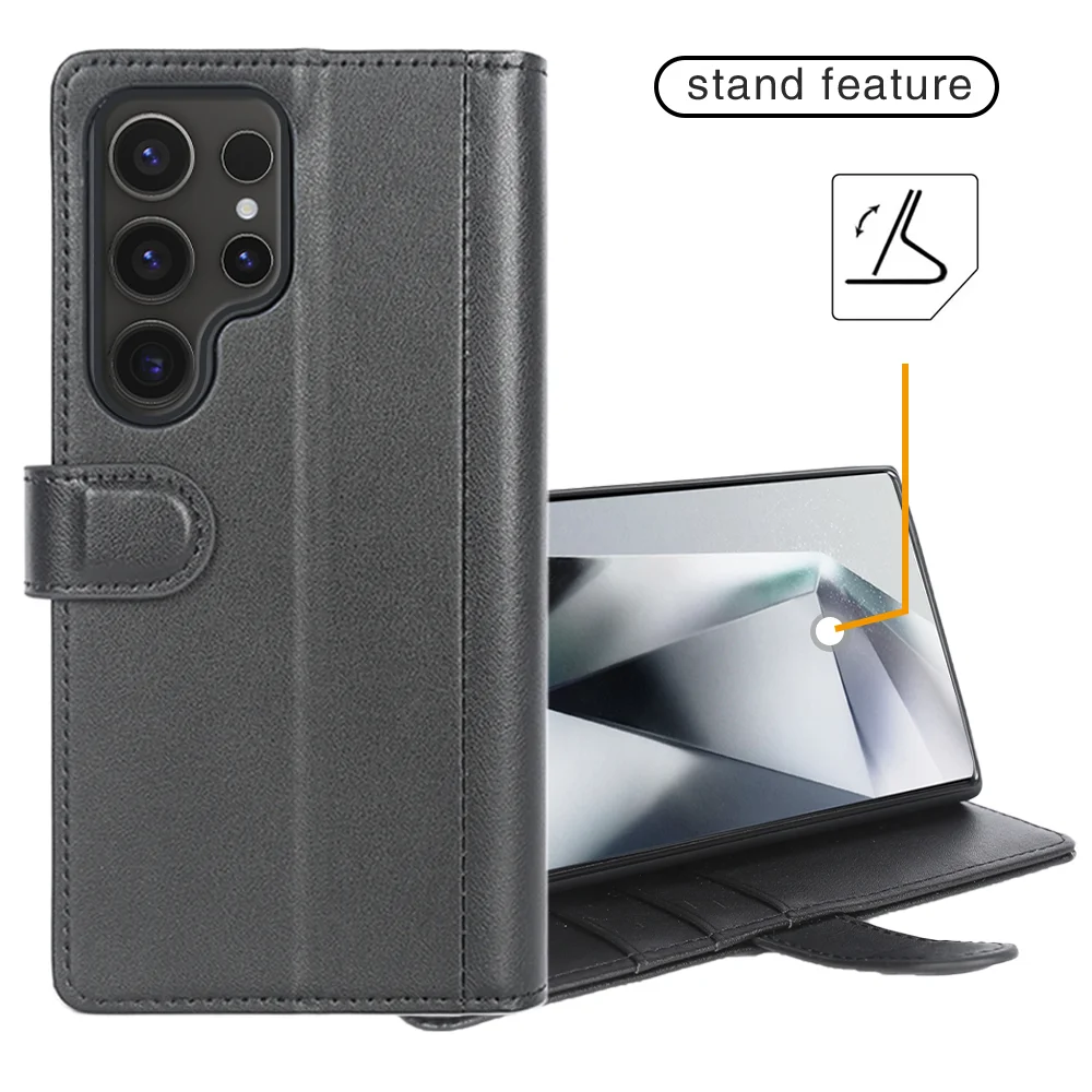 For Samsung Galaxy S24 Ultra Case Genuine Split Leather Phone Cover with Wallet Stand - Black-Cellmalls