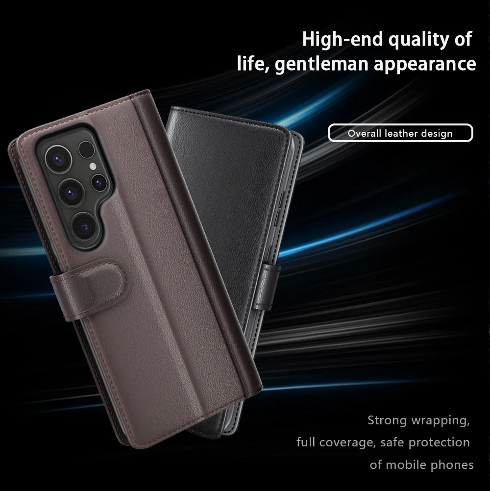 For Samsung Galaxy S24 Ultra Case Genuine Split Leather Phone Cover with Wallet Stand - Black-Cellmalls