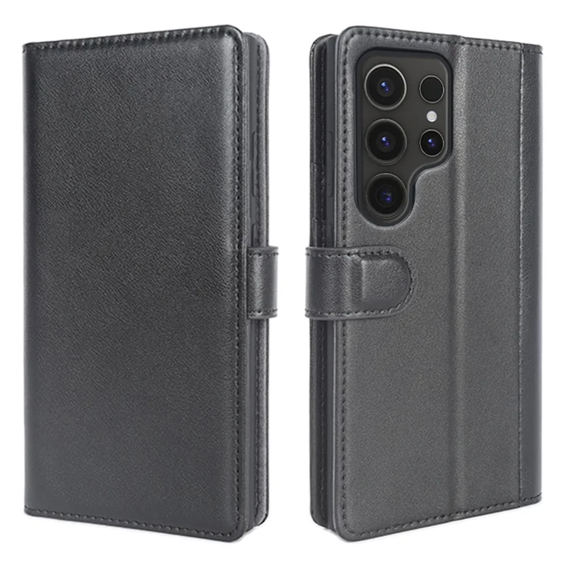 For Samsung Galaxy S24 Ultra Case Genuine Split Leather Phone Cover with Wallet Stand - Black-Cellmalls