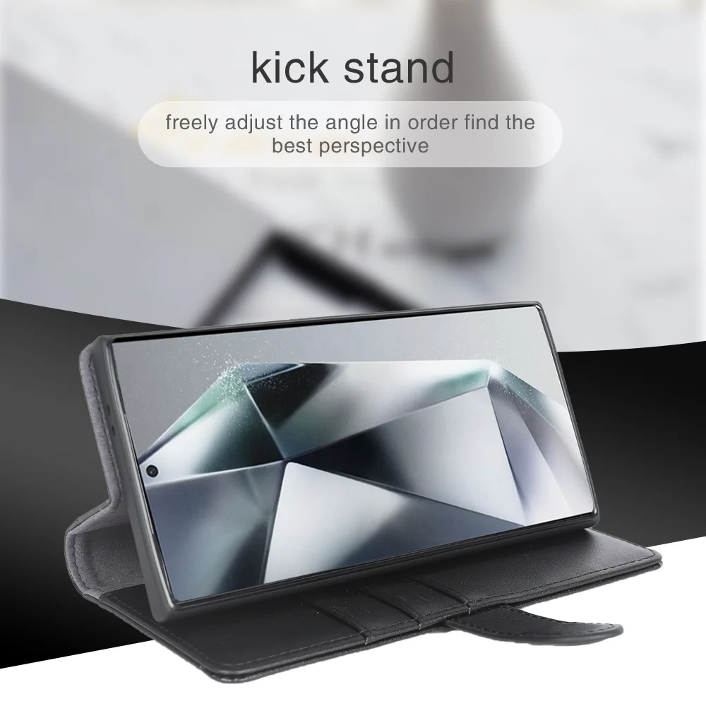 For Samsung Galaxy S24 Ultra Case Genuine Split Leather Phone Cover with Wallet Stand - Black-Cellmalls