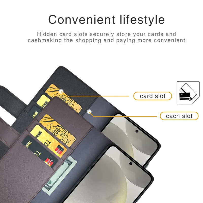 For Samsung Galaxy S24 FE Case Genuine Split Leather Phone Cover with Wallet Stand - Black-Cellmalls