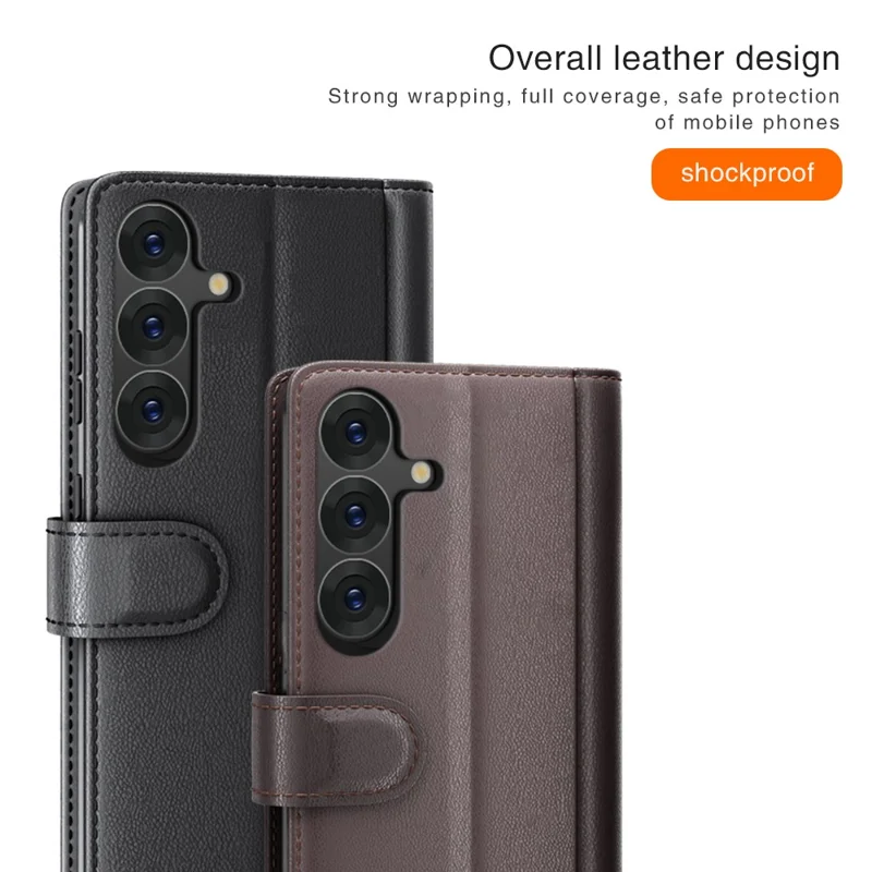 For Samsung Galaxy S25 Case Genuine Split Leather Phone Cover with Wallet Stand - Black-Cellmalls
