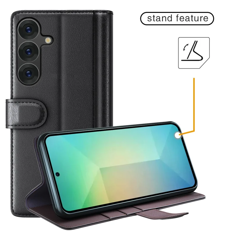 For Samsung Galaxy S25 Case Genuine Split Leather Phone Cover with Wallet Stand - Black-Cellmalls