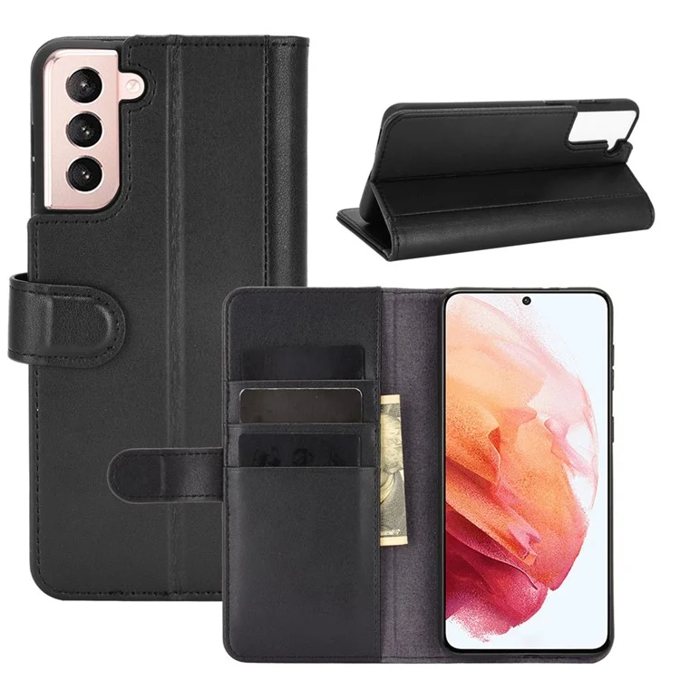For Samsung Galaxy S21+ Poco X2 Phone Cases Genuine Split Leather Wallet Mobile Cover Standl - Black-Cellmalls