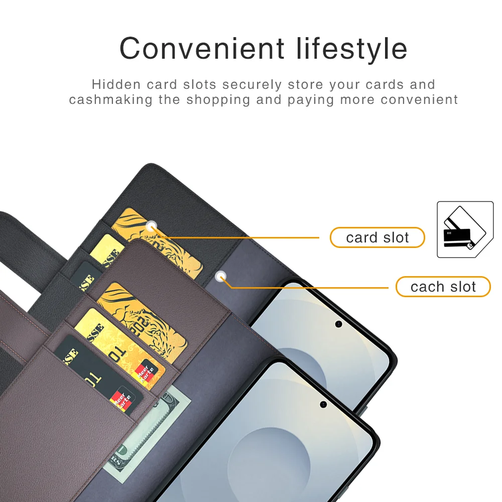 For Samsung Galaxy S25 Edge Case Genuine Split Leather Phone Cover with Wallet Stand - Brown-Cellmalls