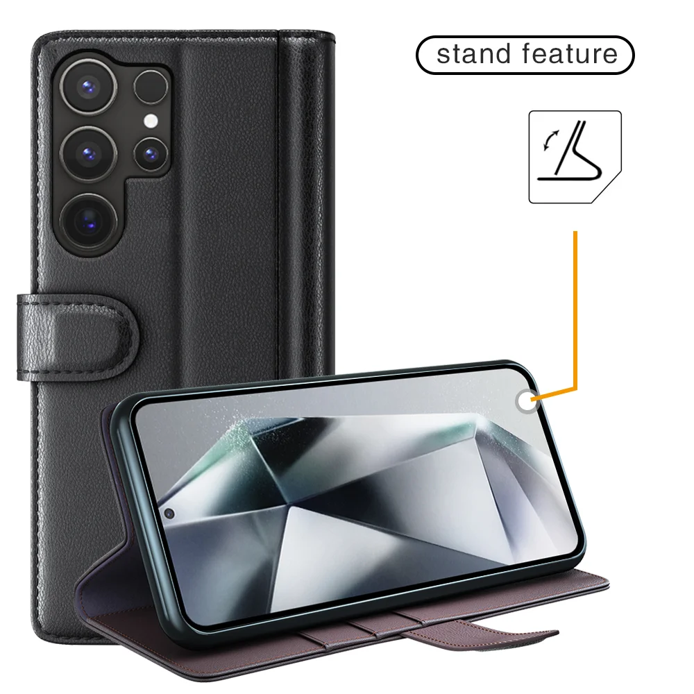 For Samsung Galaxy S25 Ultra Case Genuine Split Leather Phone Cover with Wallet Stand - Brown-Cellmalls