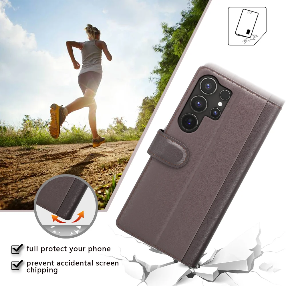 For Samsung Galaxy S25 Ultra Case Genuine Split Leather Phone Cover with Wallet Stand - Brown-Cellmalls