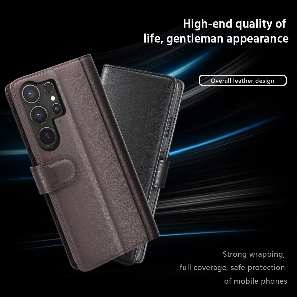 For Samsung Galaxy S25 Ultra Case Genuine Split Leather Phone Cover with Wallet Stand - Brown-Cellmalls