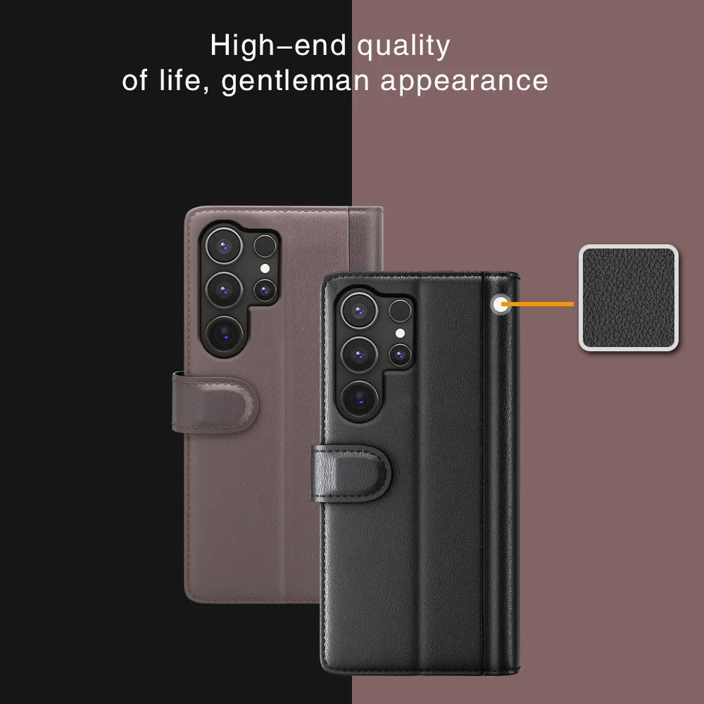 For Samsung Galaxy S25 Ultra Case Genuine Split Leather Phone Cover with Wallet Stand - Brown-Cellmalls