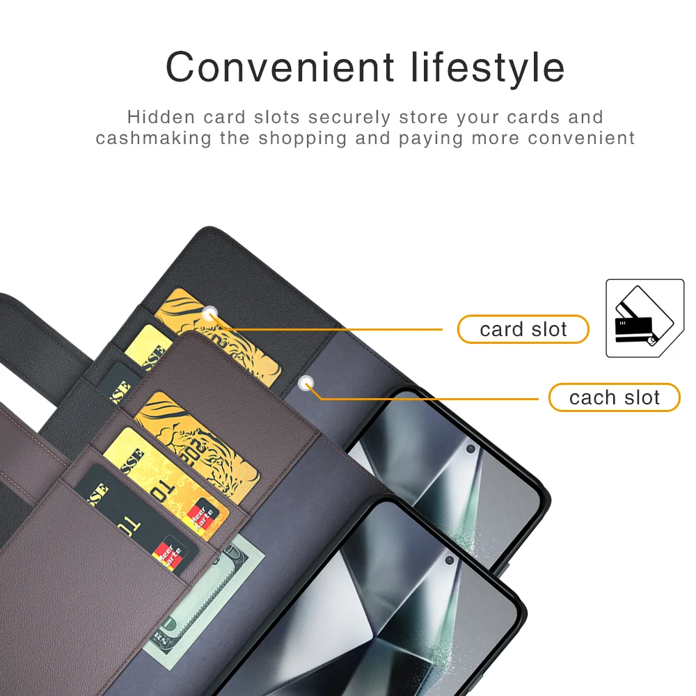 For Samsung Galaxy S25 Ultra Case Genuine Split Leather Phone Cover with Wallet Stand - Brown-Cellmalls