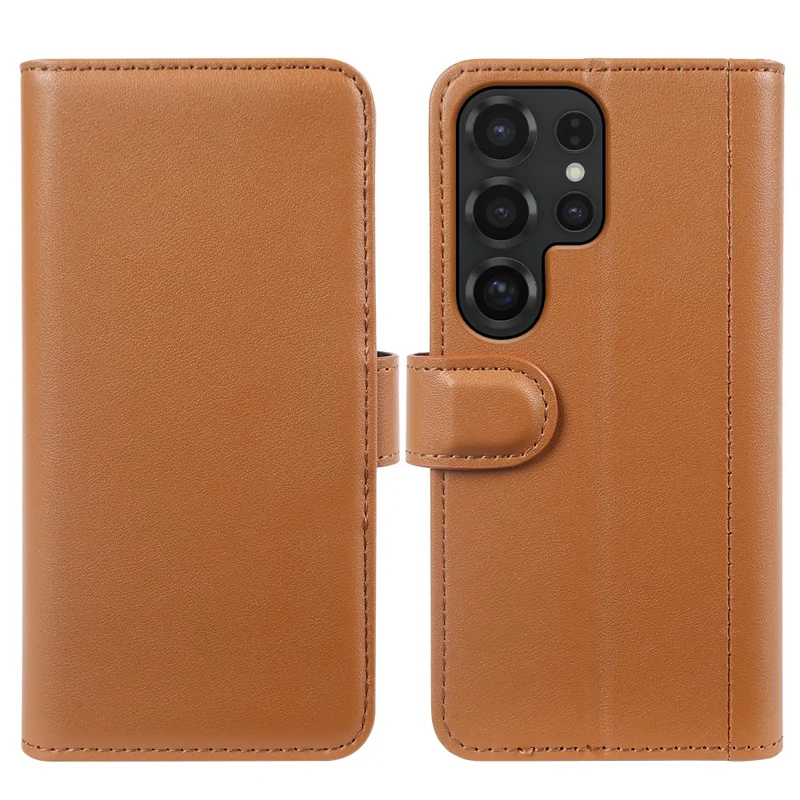 For Samsung Galaxy S25 Ultra Case Genuine Split Leather Phone Cover with Wallet Stand - Brown-Cellmalls