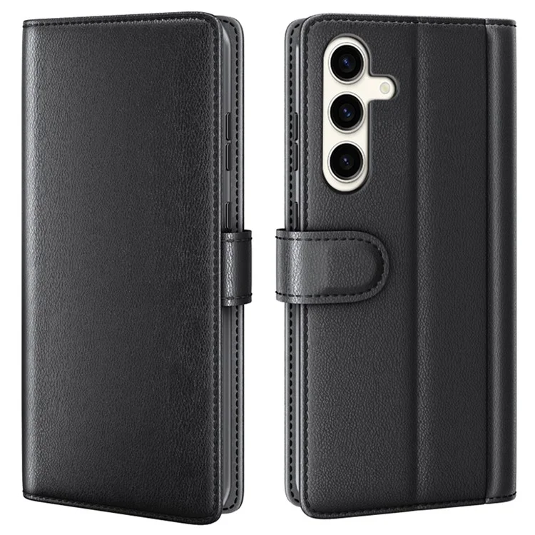 For Samsung Galaxy S24+ Case Genuine Split Leather Phone Cover with Wallet Stand - Black-Cellmalls