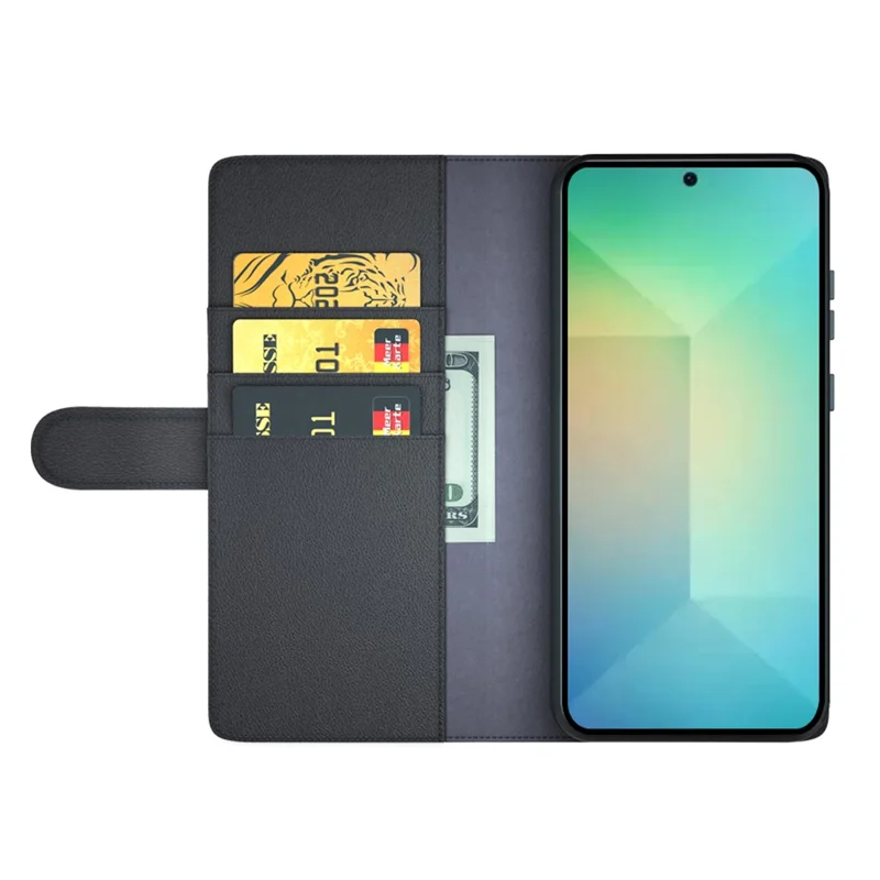 For Samsung Galaxy S25 Case Genuine Split Leather Phone Cover with Wallet Stand - Black-Cellmalls