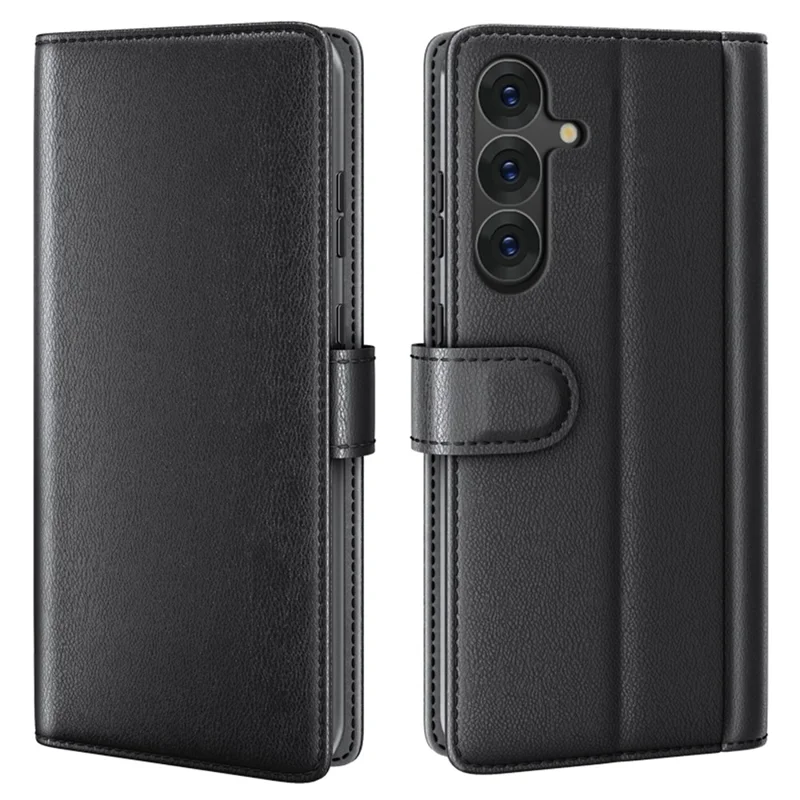 For Samsung Galaxy S25+ Case Genuine Split Leather Phone Cover with Wallet Stand - Black-Cellmalls
