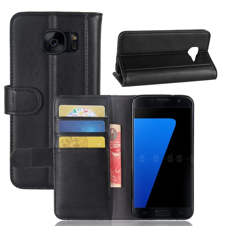For Samsung Galaxy S7 SM-G930 Genuine Leather Wallet Stand  Protective Case Accessory - Black-Cellmalls
