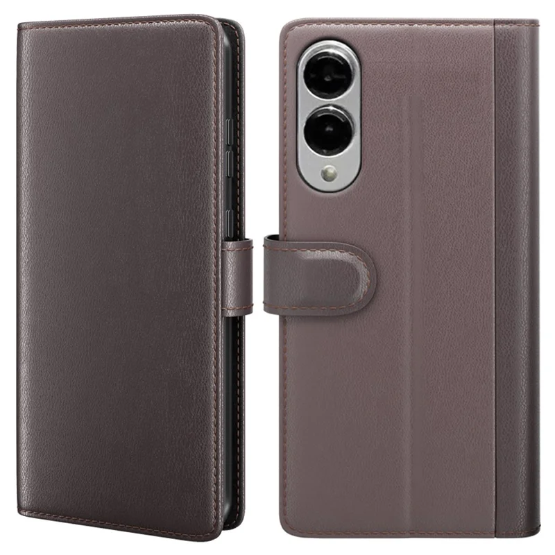 For Samsung Galaxy S25 Edge Case Genuine Split Leather Phone Cover with Wallet Stand - Brown-Cellmalls
