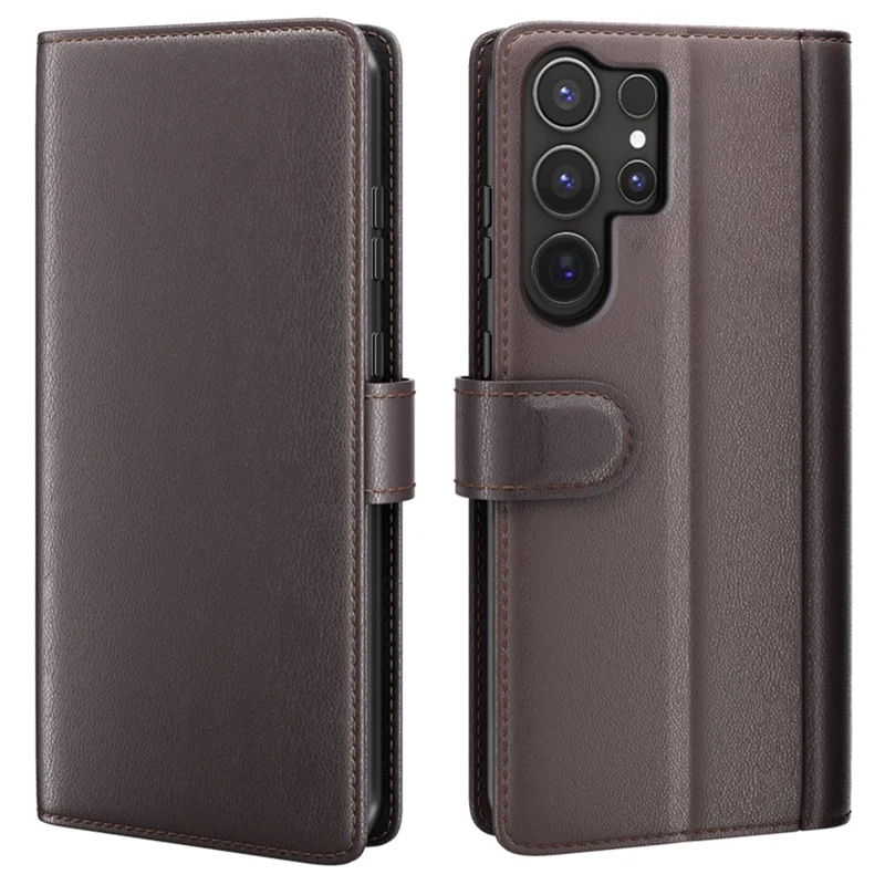 For Samsung Galaxy S25 Ultra Case Genuine Split Leather Phone Cover with Wallet Stand - Brown-Cellmalls