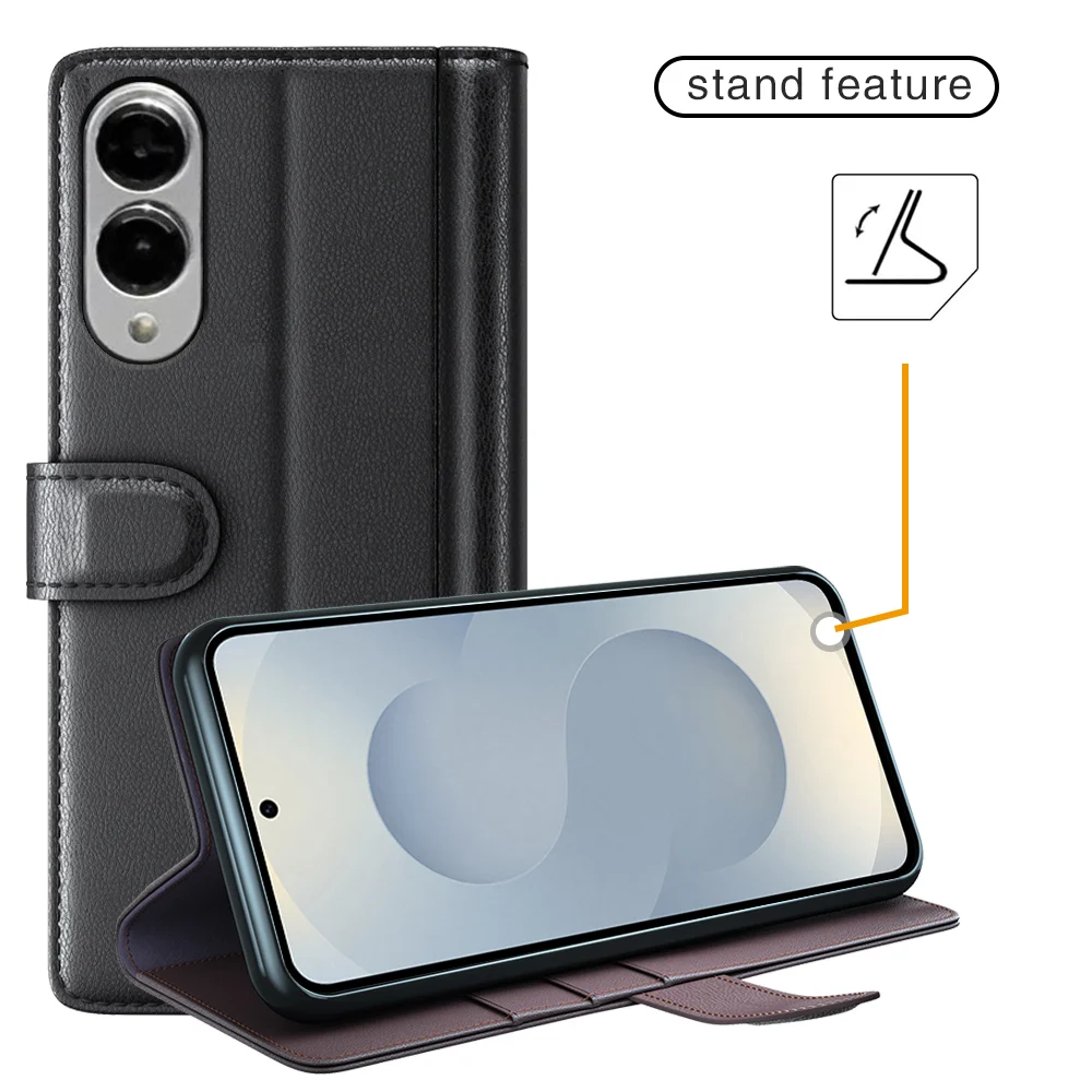 For Samsung Galaxy S25 Edge Case Genuine Split Leather Phone Cover with Wallet Stand - Brown-Cellmalls