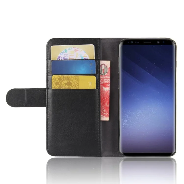 For Samsung Galaxy S9 G960 Phone Cases Genuine Split Leather Wallet Mobile Cover Stand - Black-Cellmalls