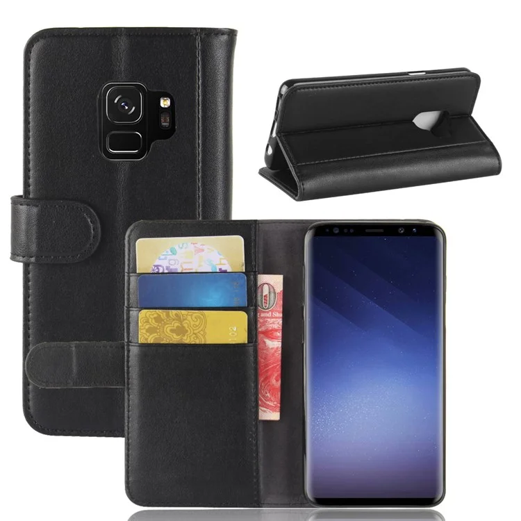 For Samsung Galaxy S9 G960 Phone Cases Genuine Split Leather Wallet Mobile Cover Stand - Black-Cellmalls