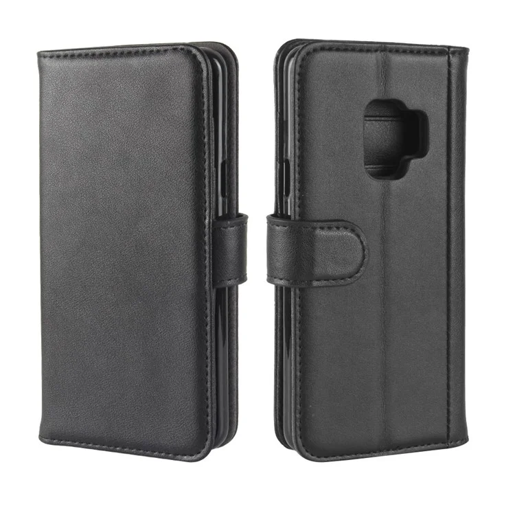 For Samsung Galaxy S9 G960 Phone Cases Genuine Split Leather Wallet Mobile Cover Stand - Black-Cellmalls
